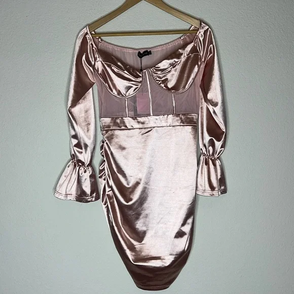 Prettylittlething Dresses | Pretty Little Thing Dusty Pink Bardot Satin Mesh Insert Ruched Bodycon Dress Nwt | Color: Pink | Size: 10 |